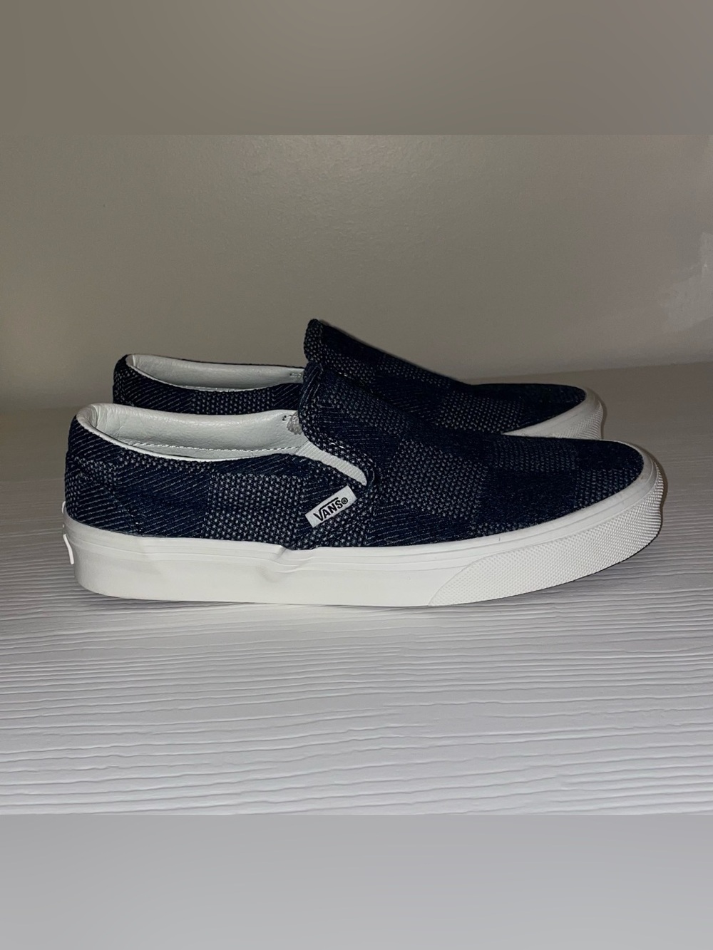 New Unisex VANS DENIM CHECKERBOARD SLIP-ON Navy Blue Shoes No Box Size 6.5M 8W